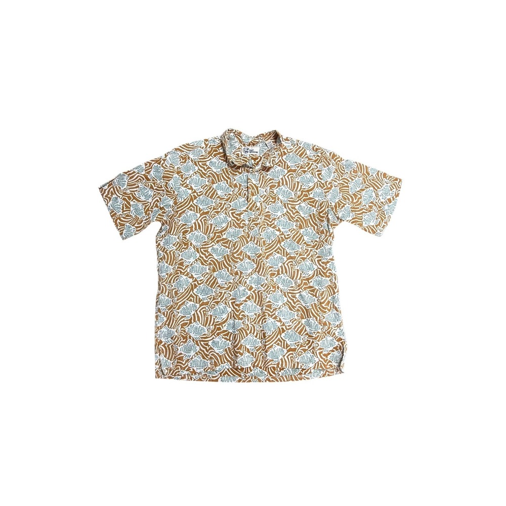 Reyn Spooner Shirt Mens Large Brown Fish Print Hawaiian Short Sleeve Button Up